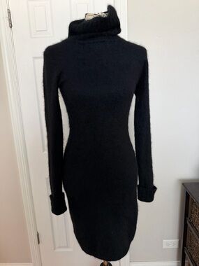 Illig Angora Vintage Y2K turtleneck Black Long-sleeve Sweater Dress Sz S fuzzy
